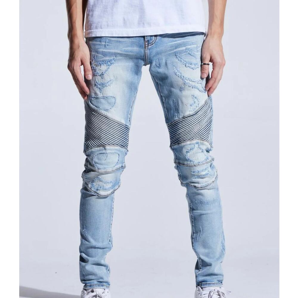 Crysp Denim Men's Biker Moto Distressed Rip & Repair Skinny Fit Stretch Jeans